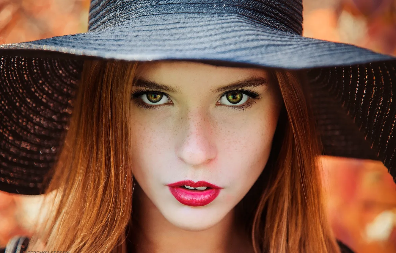 Photo wallpaper look, close-up, face, background, model, portrait, hat, makeup