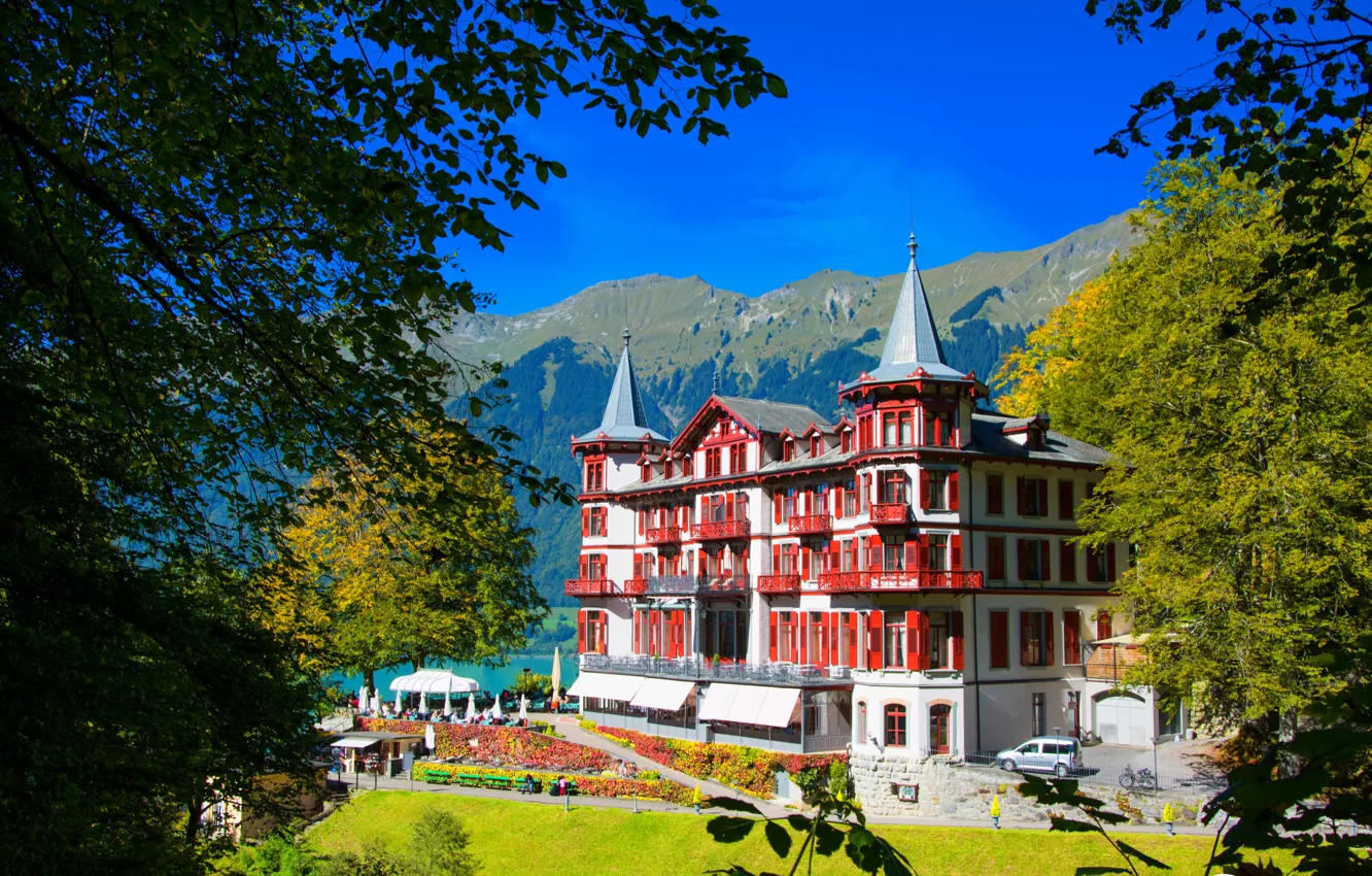 Photo wallpaper landscape, the city, photo, home, Switzerland, Hotel Giessbach Brienz