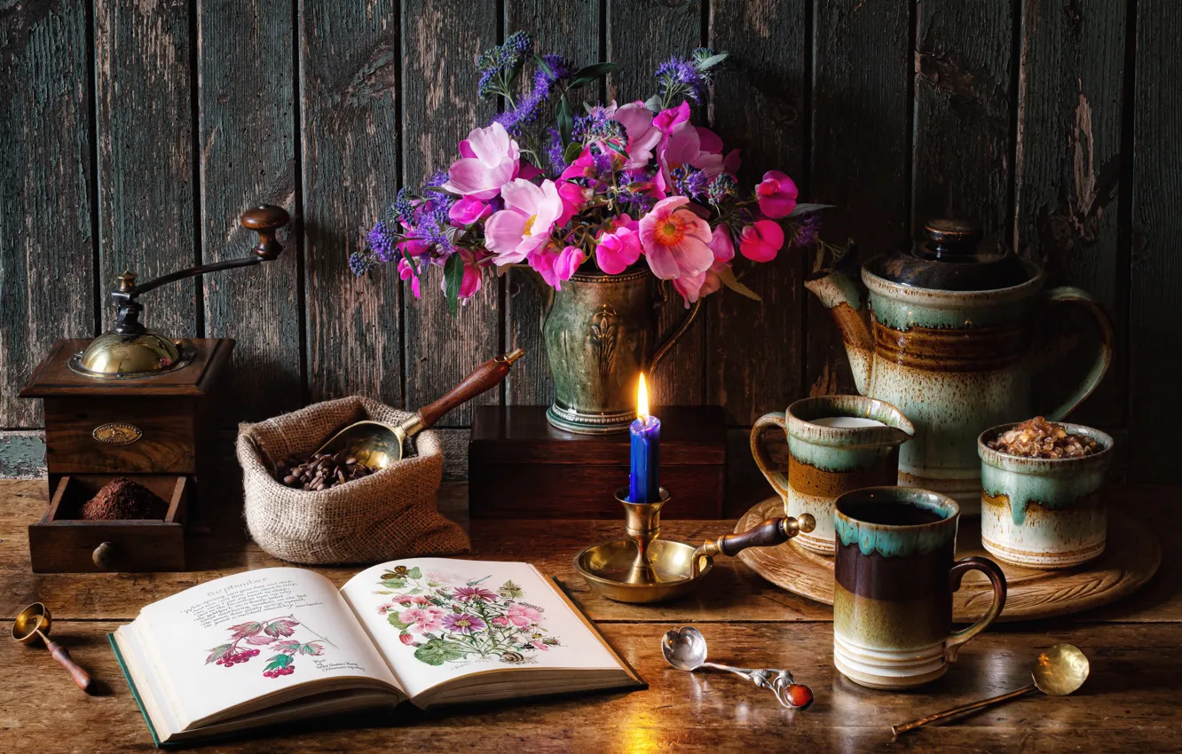 Photo wallpaper flowers, style, candle, bouquet, mug, book, still life, coffee beans