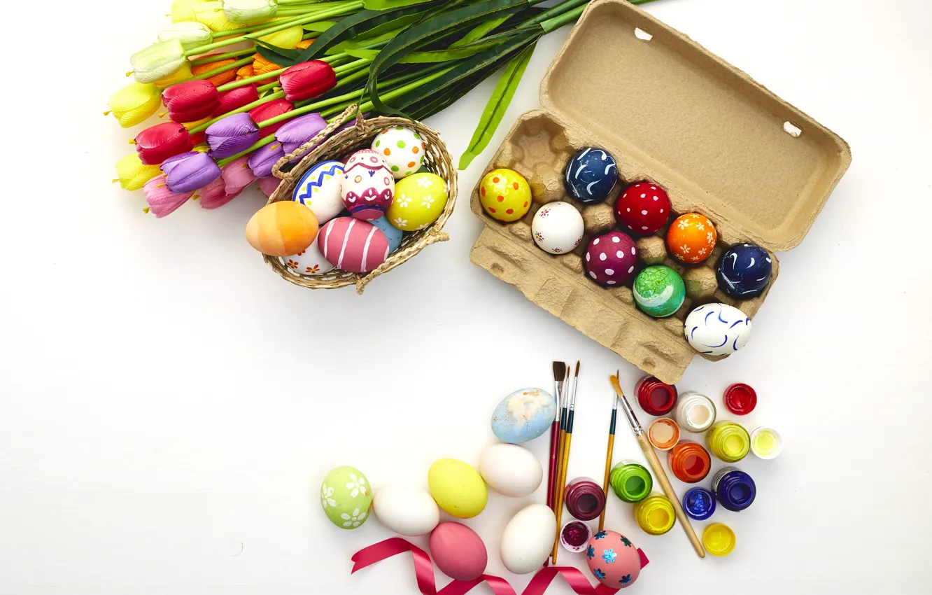 Photo wallpaper flowers, eggs, spring, colorful, Easter, tulips, flowers, tulips