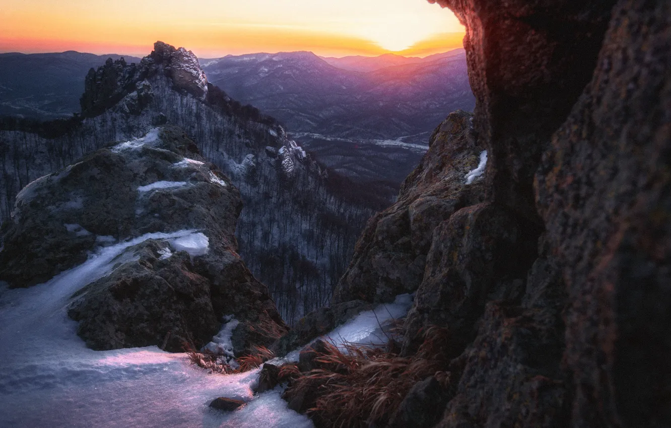Photo wallpaper winter, mountains, rocks, height