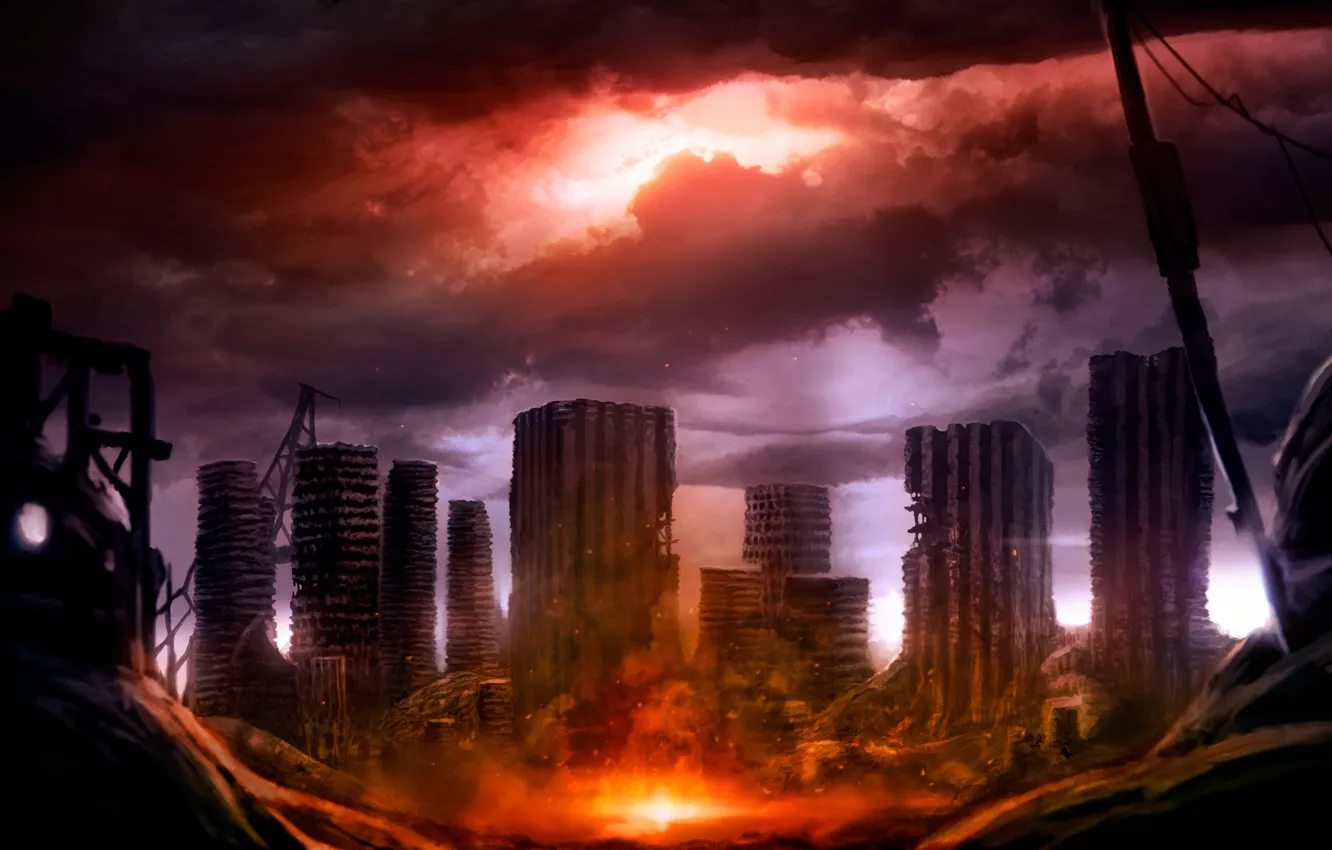 Photo wallpaper the sky, clouds, the city, Apocalypse, home, skyscrapers, destruction, ruins