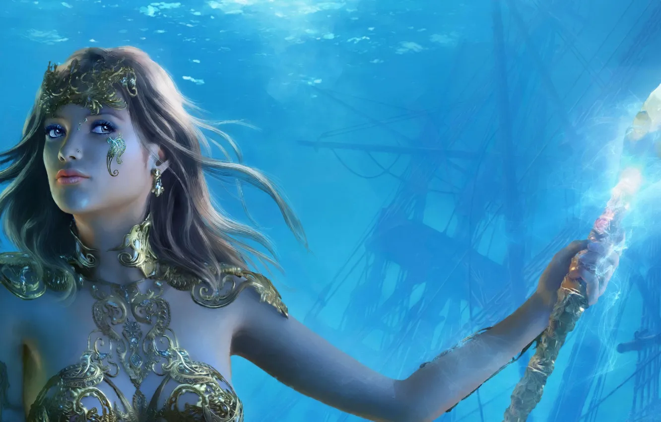 Photo wallpaper girl, decoration, art, crystals, spear, under water