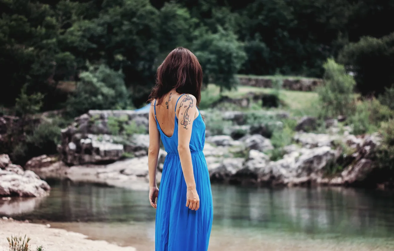 Photo wallpaper girl, blue, dress, tattoo, tattoo, sundress