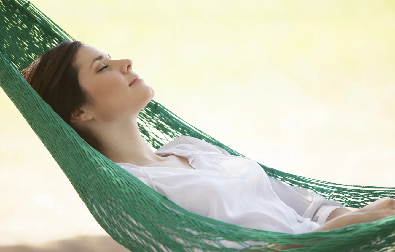 Photo wallpaper girl, smile, stay, hammock, profile, brown hair