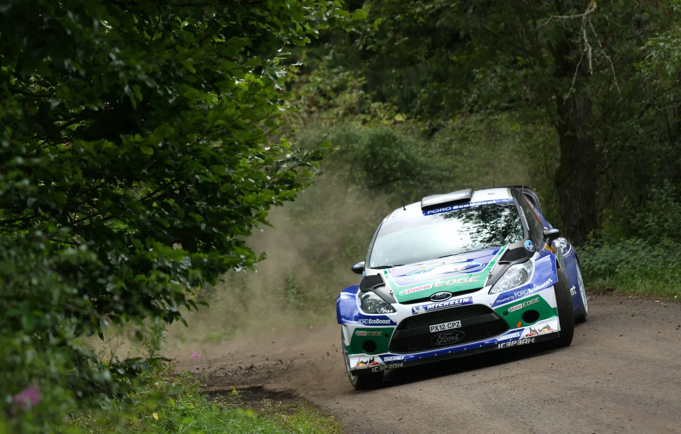 Photo wallpaper Ford, Trees, Forest, Turn, Ford, Race, WRC, Rally
