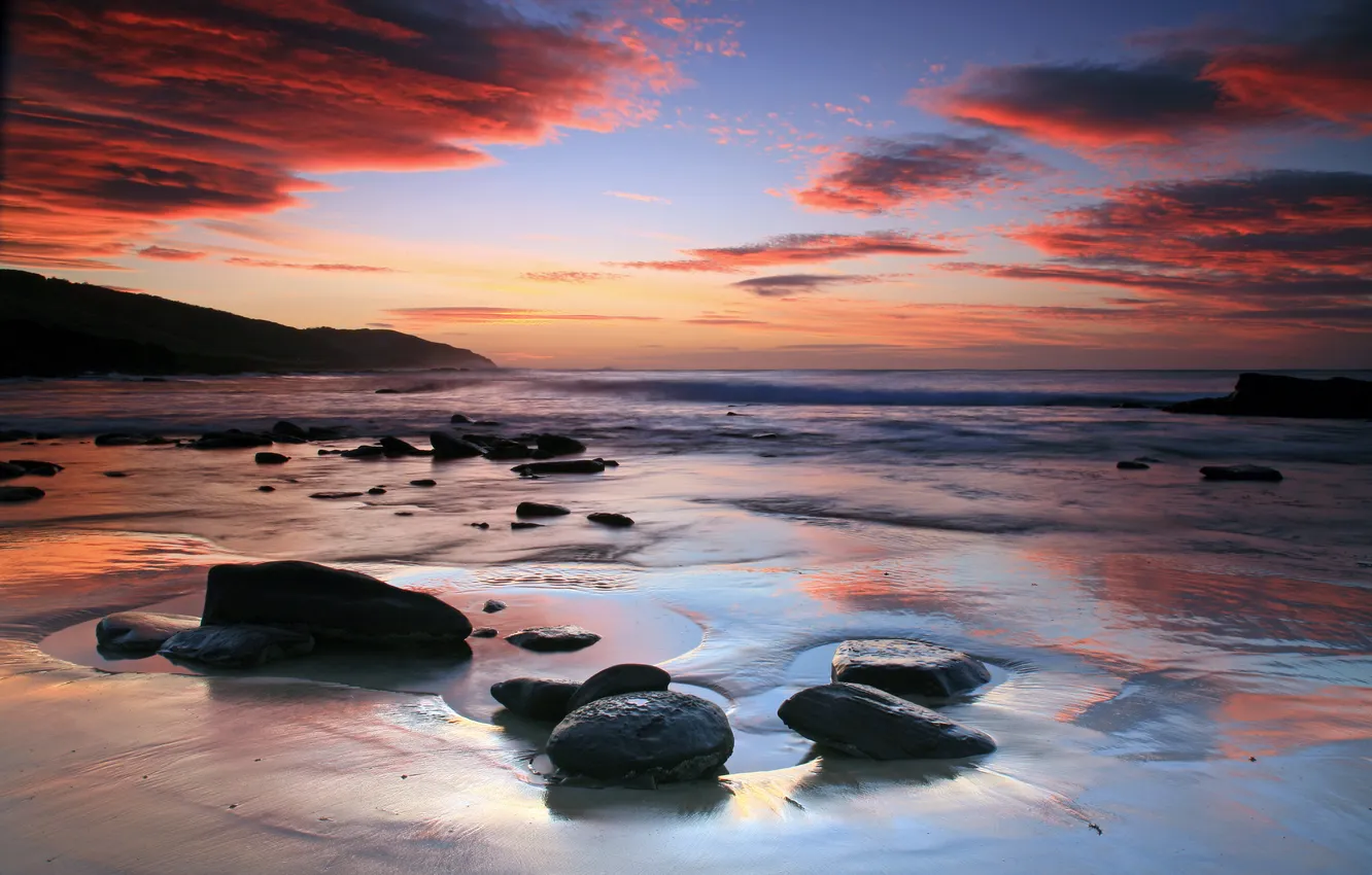 Photo wallpaper sea, beach, clouds, sunset, stones, shore, clouds
