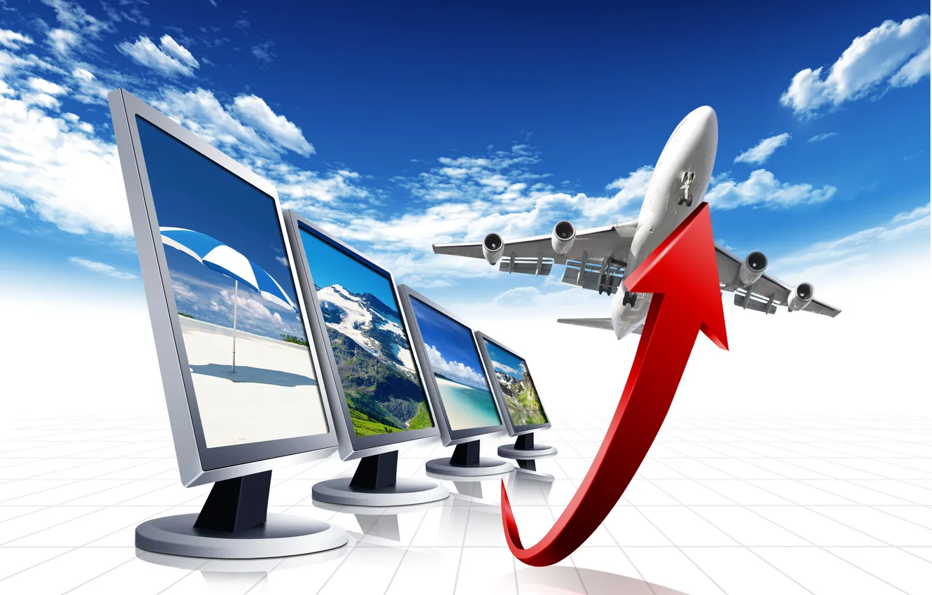 Photo wallpaper the sky, clouds, blue, arrows, advertising, track, the plane, journey