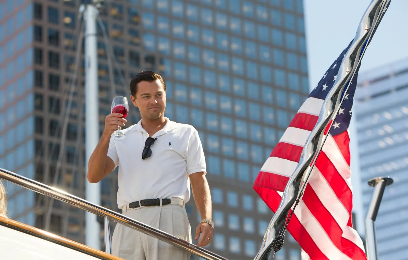 Photo wallpaper the film, glass, drama, Leonardo DiCaprio, flag of America, The wolf of wall street