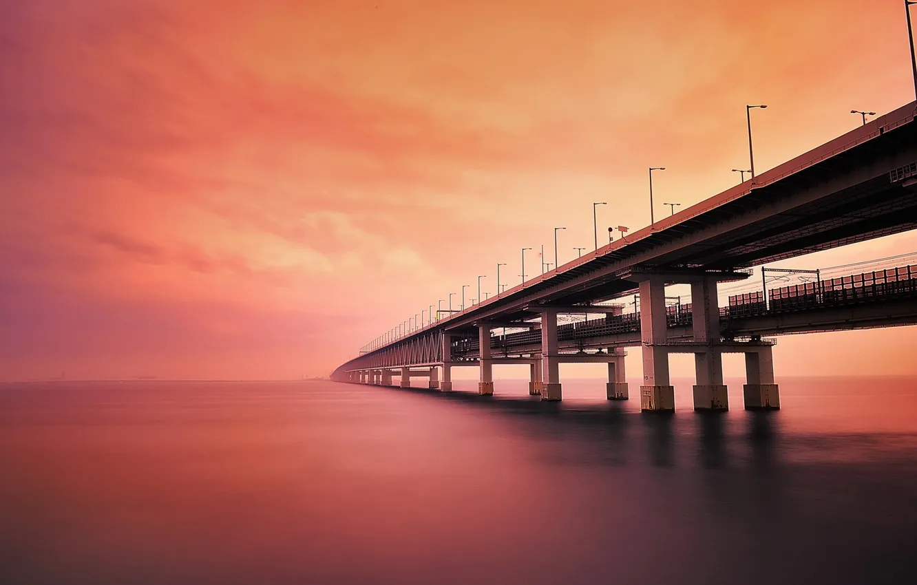 Photo wallpaper sea, landscape, sunset, bridge