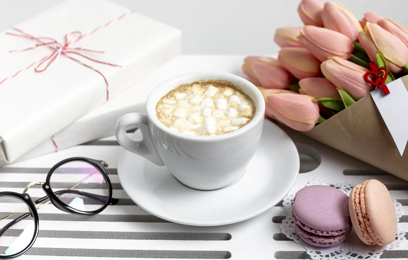 Photo wallpaper flowers, gift, coffee, bouquet, Cup