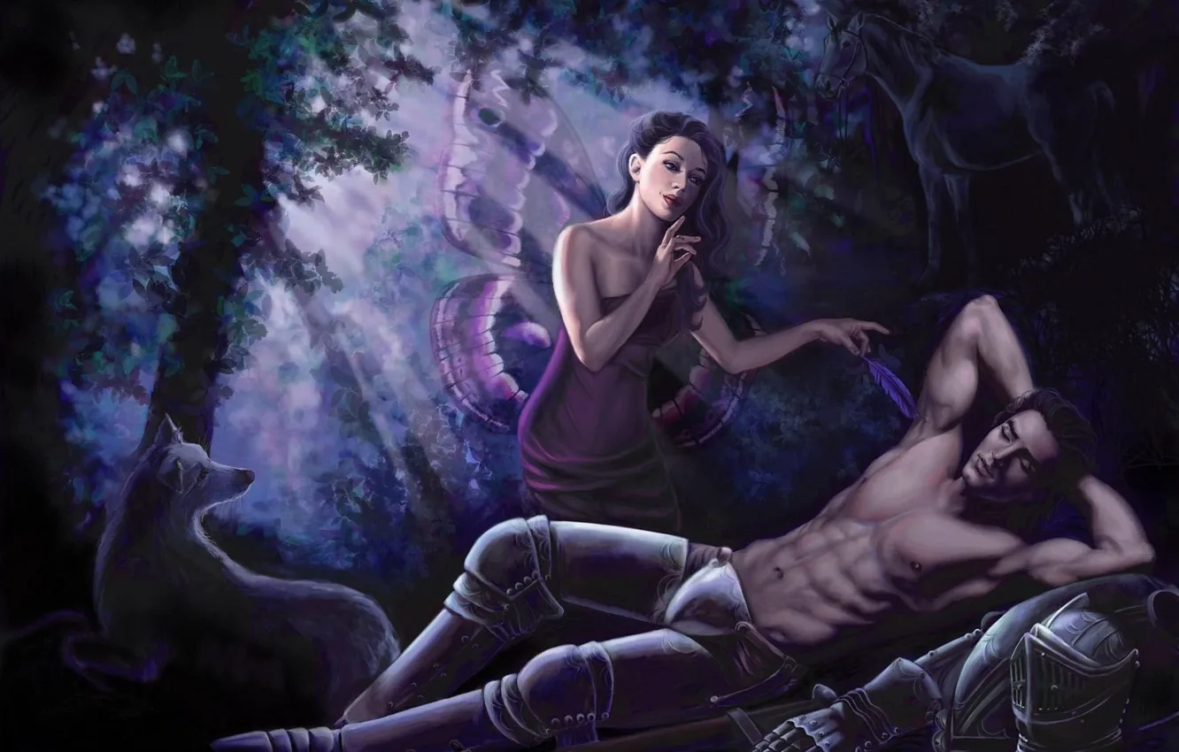 Photo wallpaper light, horse, sleep, dog, armor, fairy, male, knight