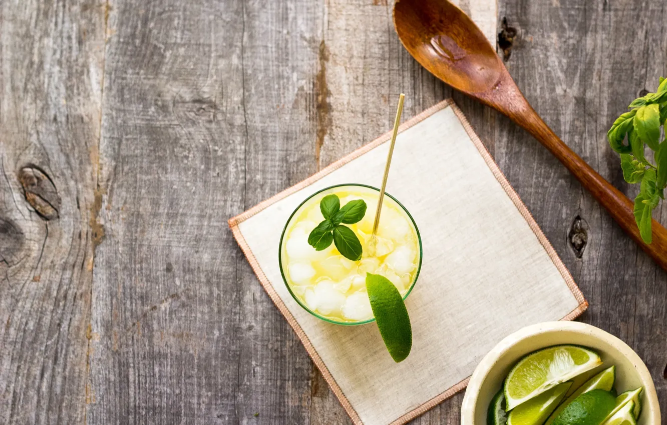 Photo wallpaper background, food, spoon, cocktail, fabric, lime, drink, mint