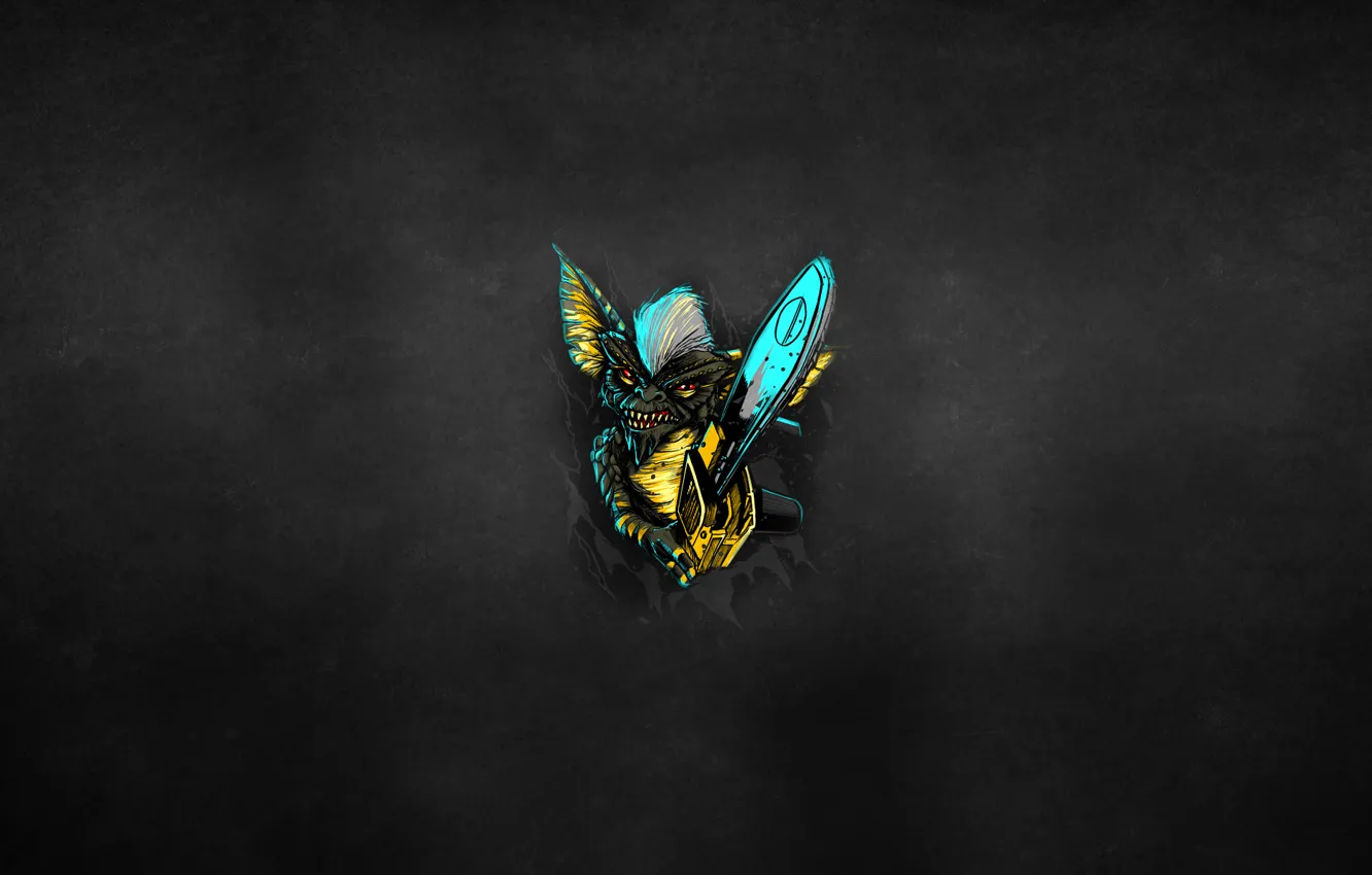 Photo wallpaper Mohawk, eared, chainsaw, a mythical creature, toothy, Gremlins, Gremlins, dark background
