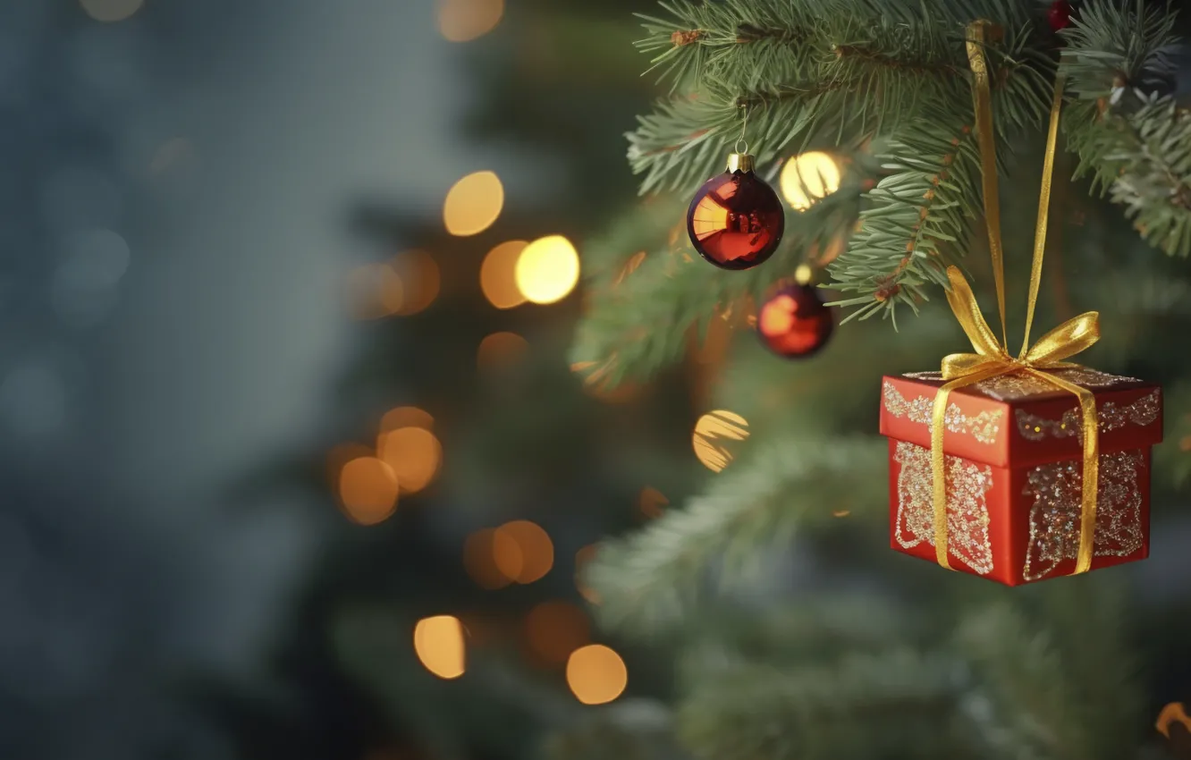 Photo wallpaper balls, branches, lights, holiday, gift, toy, new year, blur