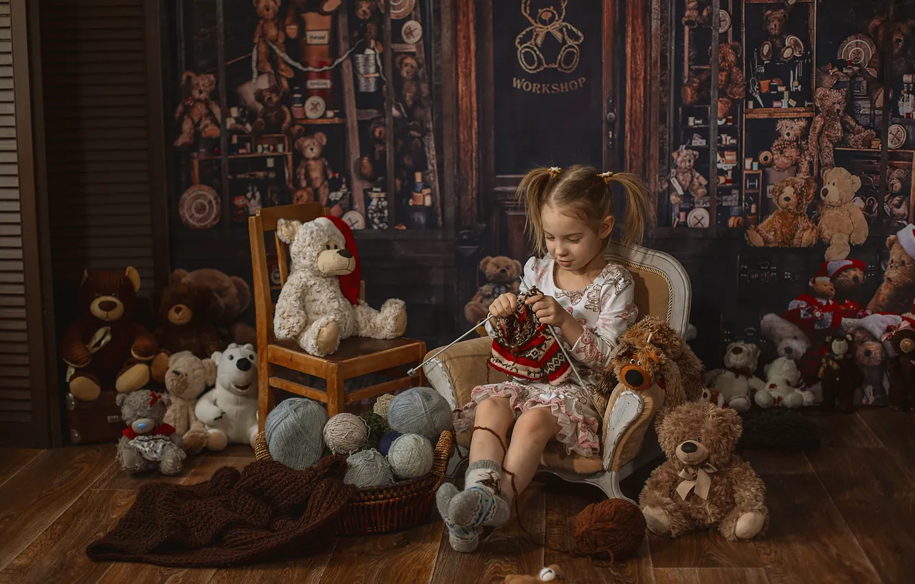 Photo wallpaper room, toys, chair, chair, girl, bears, child, knitting