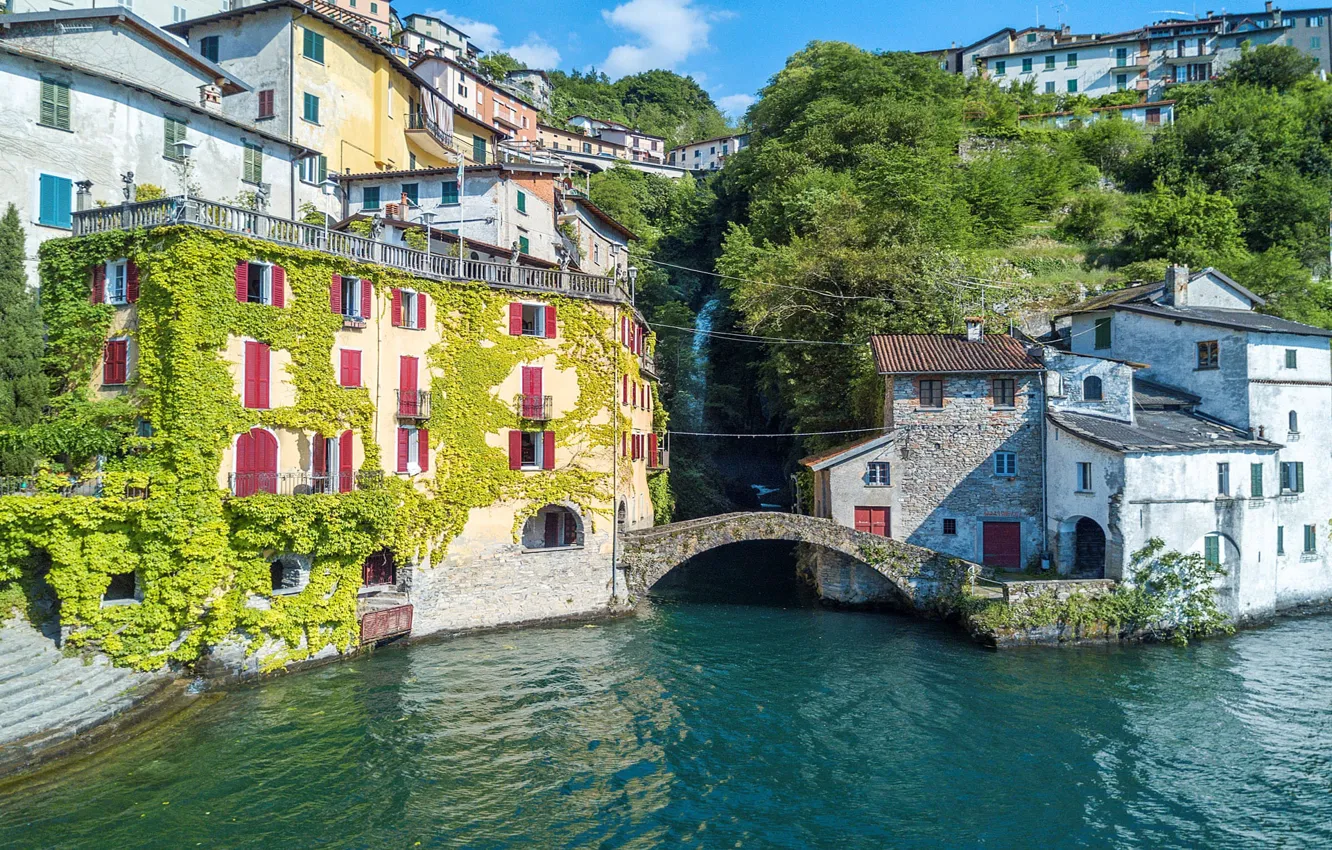 Photo wallpaper bridge, lake, home, Italy, Como, Nesso