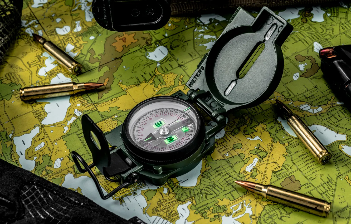Photo wallpaper macro, map, arrow, bullets, compass