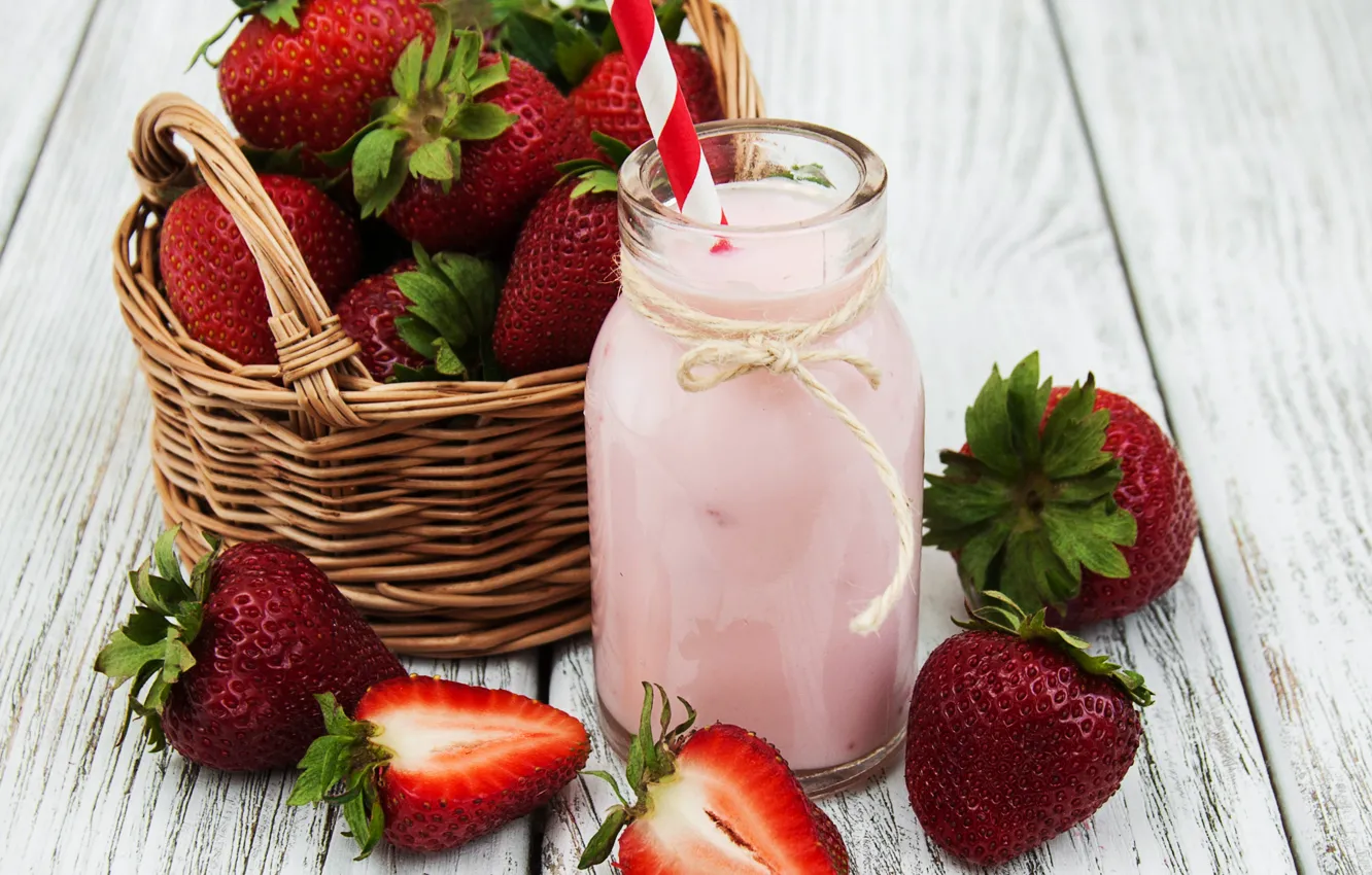 Photo wallpaper berries, bottle, strawberry, yogurt, basket, Olena Rudo