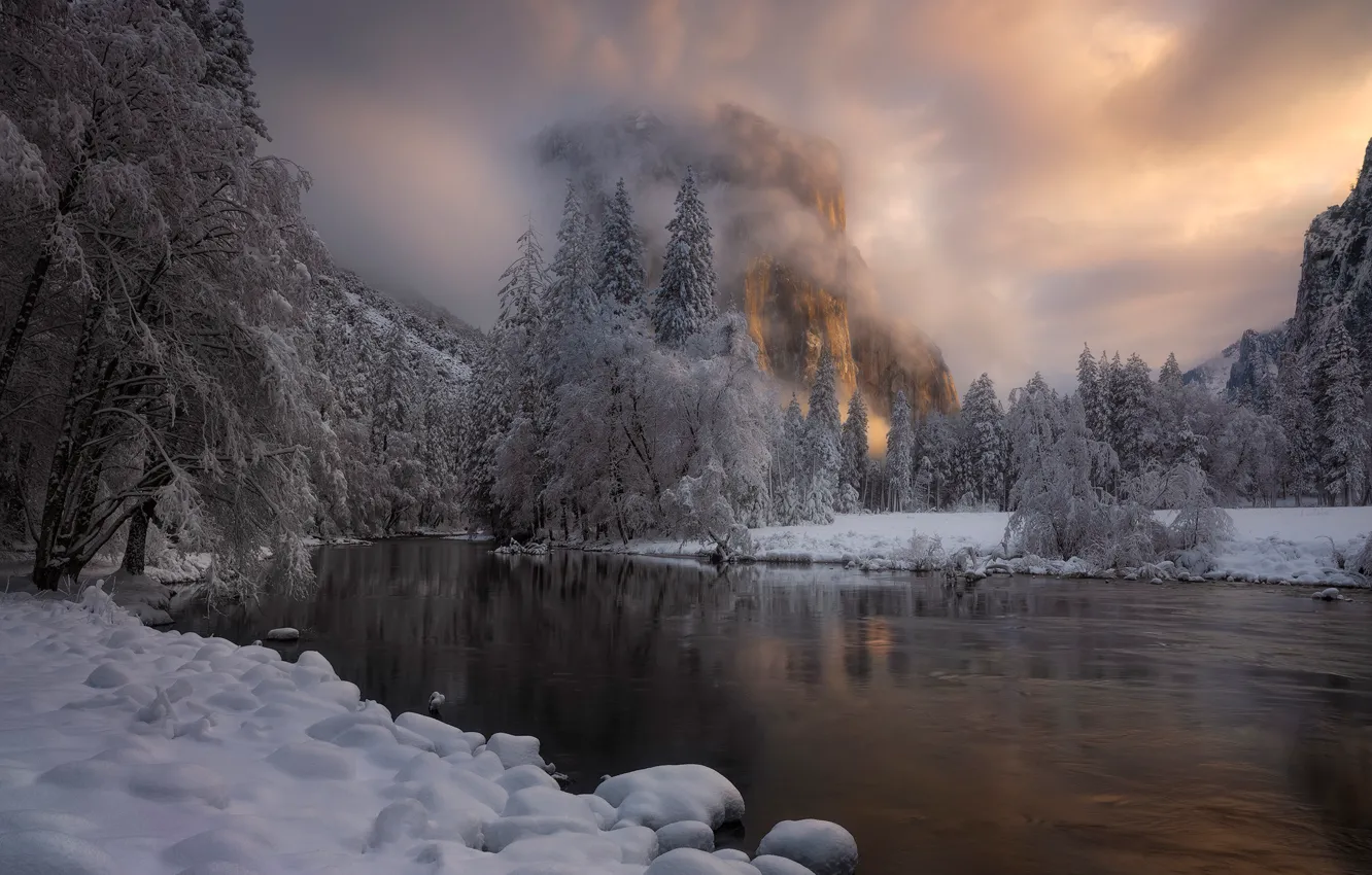 Photo wallpaper winter, forest, snow, trees, mountains, river, CA, California