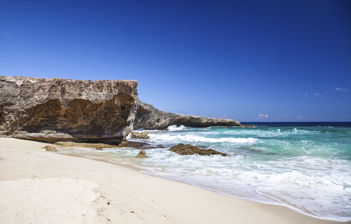 Photo wallpaper sand, beach, the sky, foam, water, clouds, the ocean, rocks