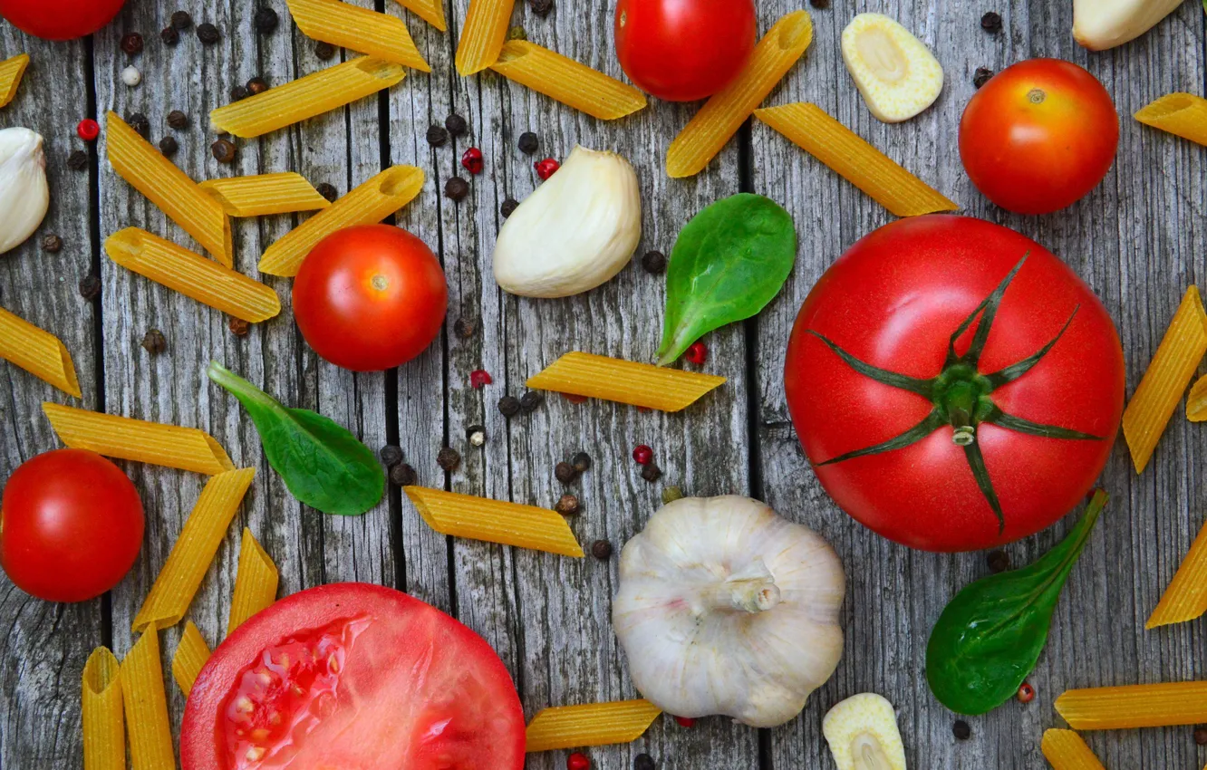 Photo wallpaper background, pepper, Tomatoes, garlic, Pasta