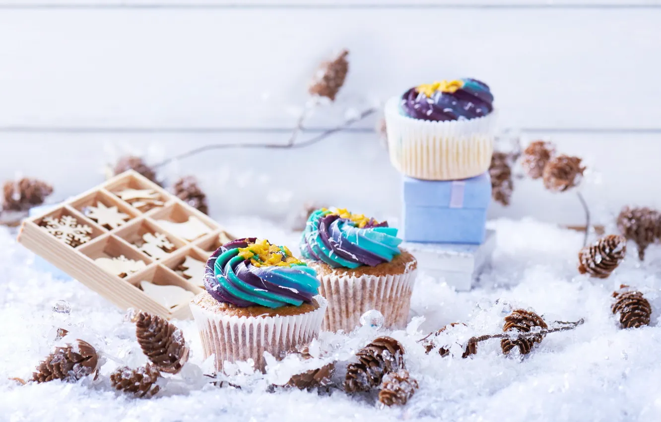 Photo wallpaper holiday, gift, new year, bumps, cakes, decor, cupcakes