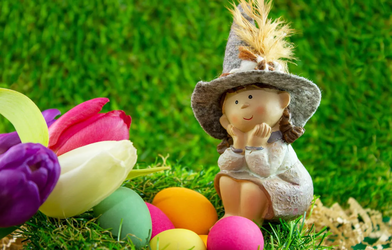 Photo wallpaper grass, holiday, eggs, Easter, figures