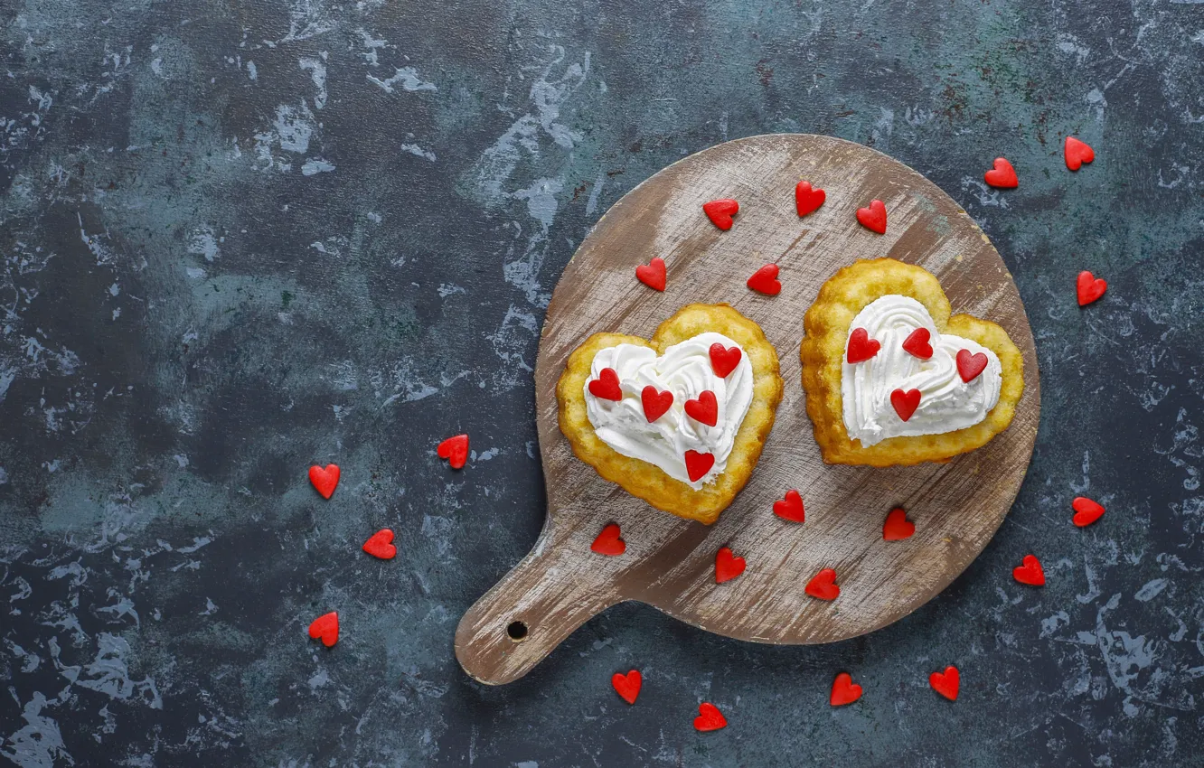 Photo wallpaper hearts, cake, blue background