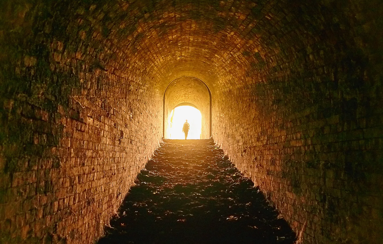 Photo wallpaper light, bricks, tunnel, person