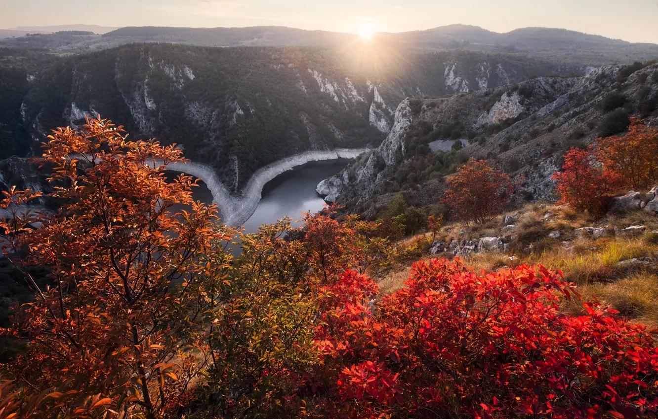 Photo wallpaper autumn, the sun, landscape, mountains, nature, river, national Park, Serbia