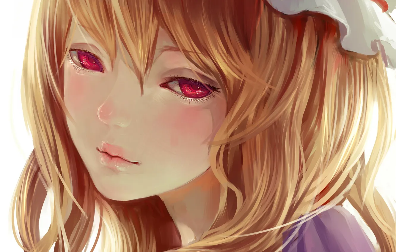 Photo wallpaper girl, face, hair, art, red eyes, cap, touhou, as firefox as firefox-ko