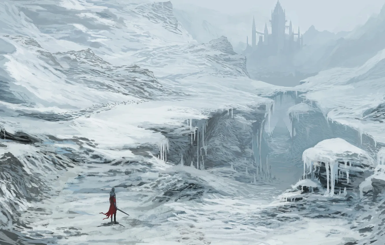 Photo wallpaper winter, snow, castle, sword, art, gorge, traveler