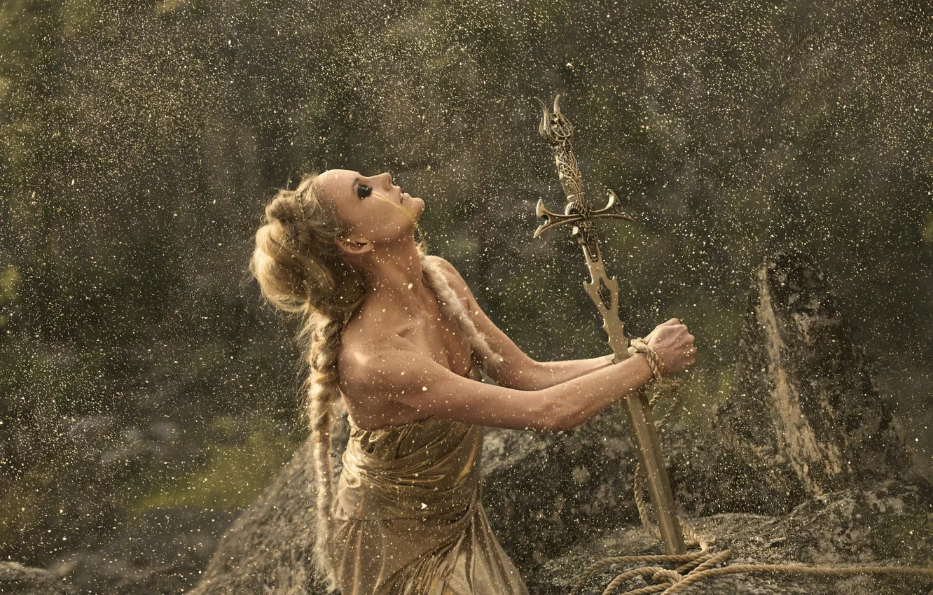 Photo wallpaper girl, background, sword, braid, release