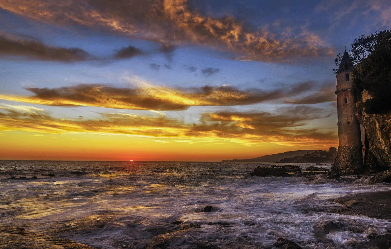 Photo wallpaper sea, nature, rocks, tower
