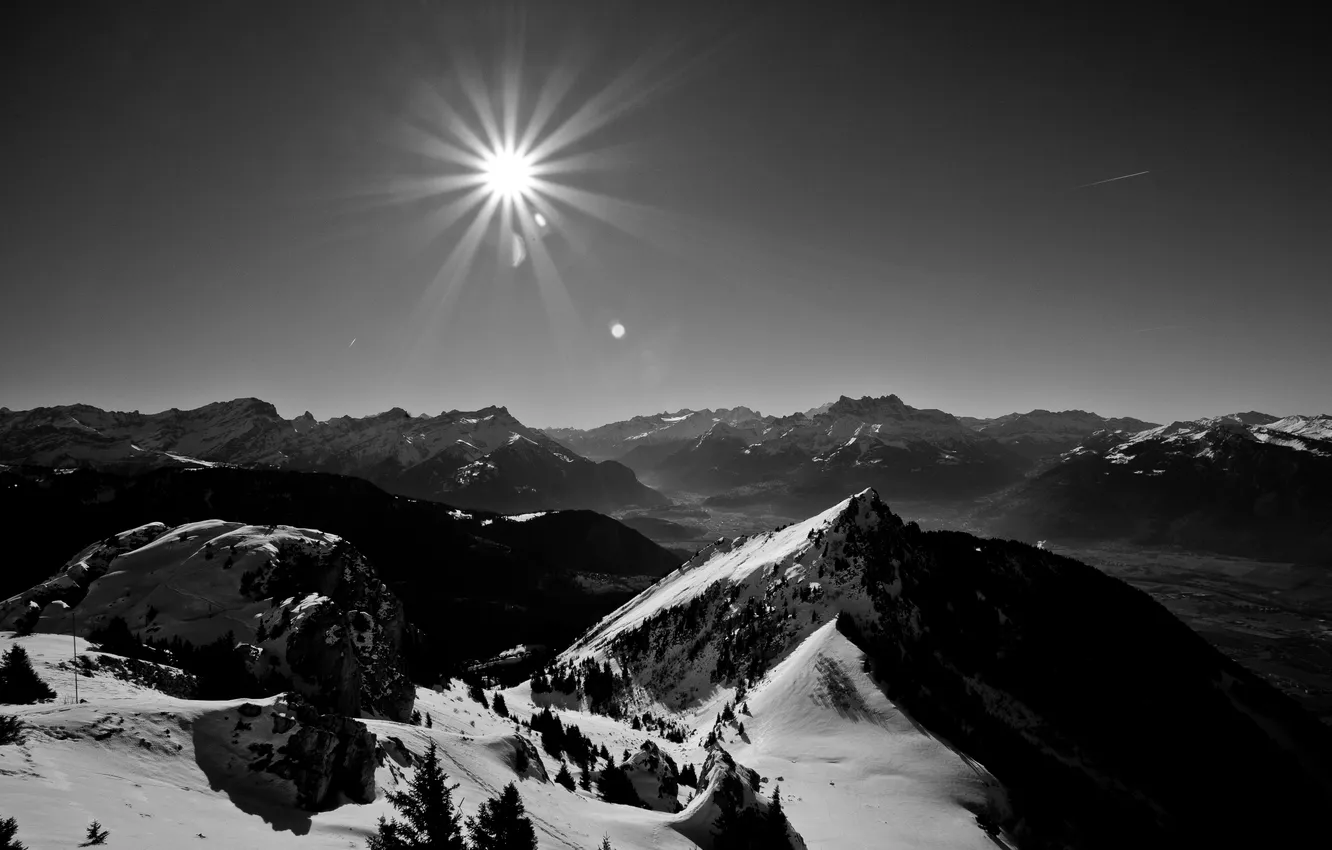 Photo wallpaper the sky, the sun, rays, trees, landscape, mountains, height, gorge