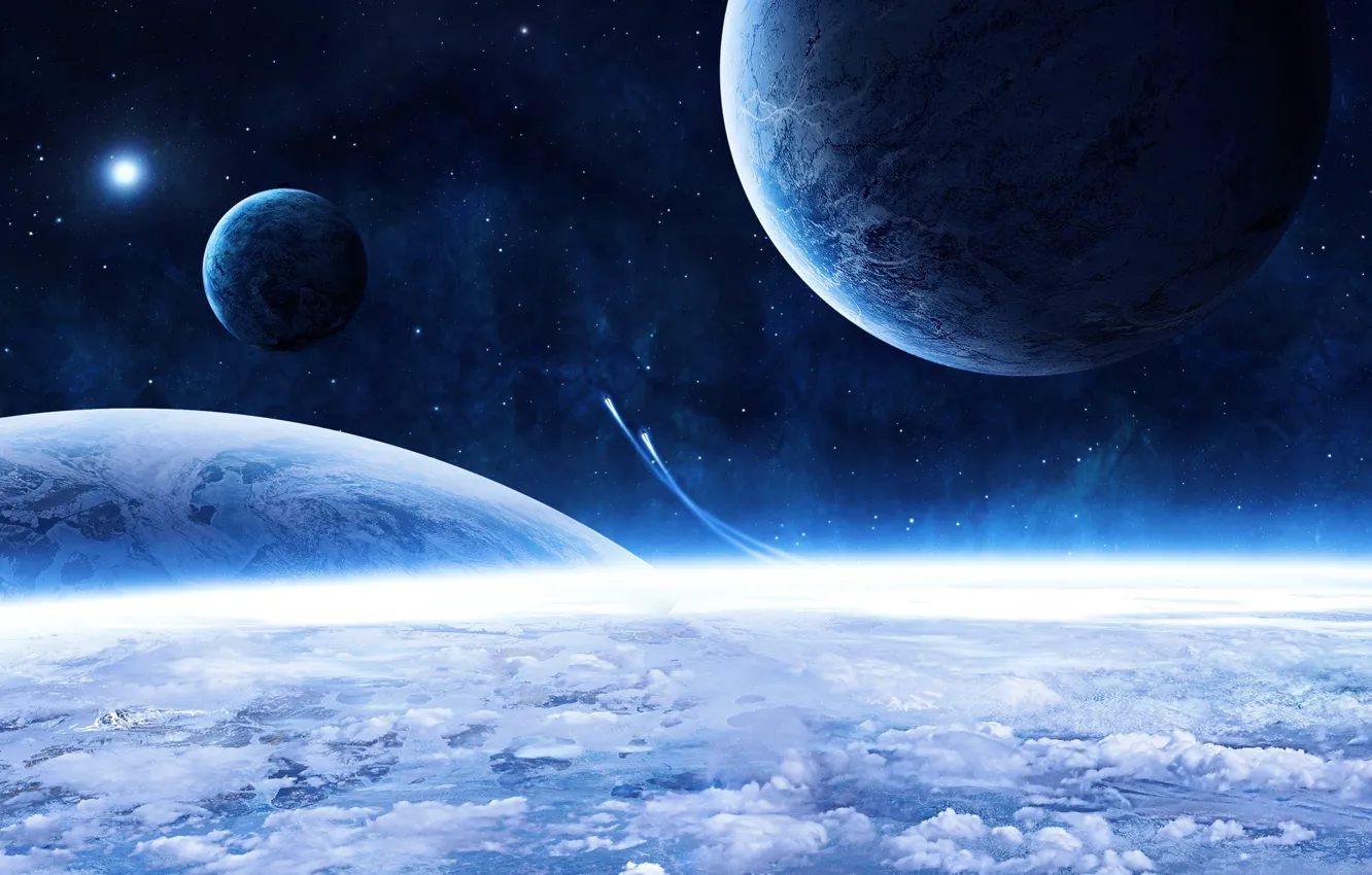 Photo wallpaper stars, clouds, planet, blue beauty, spaceships, beautiful blue