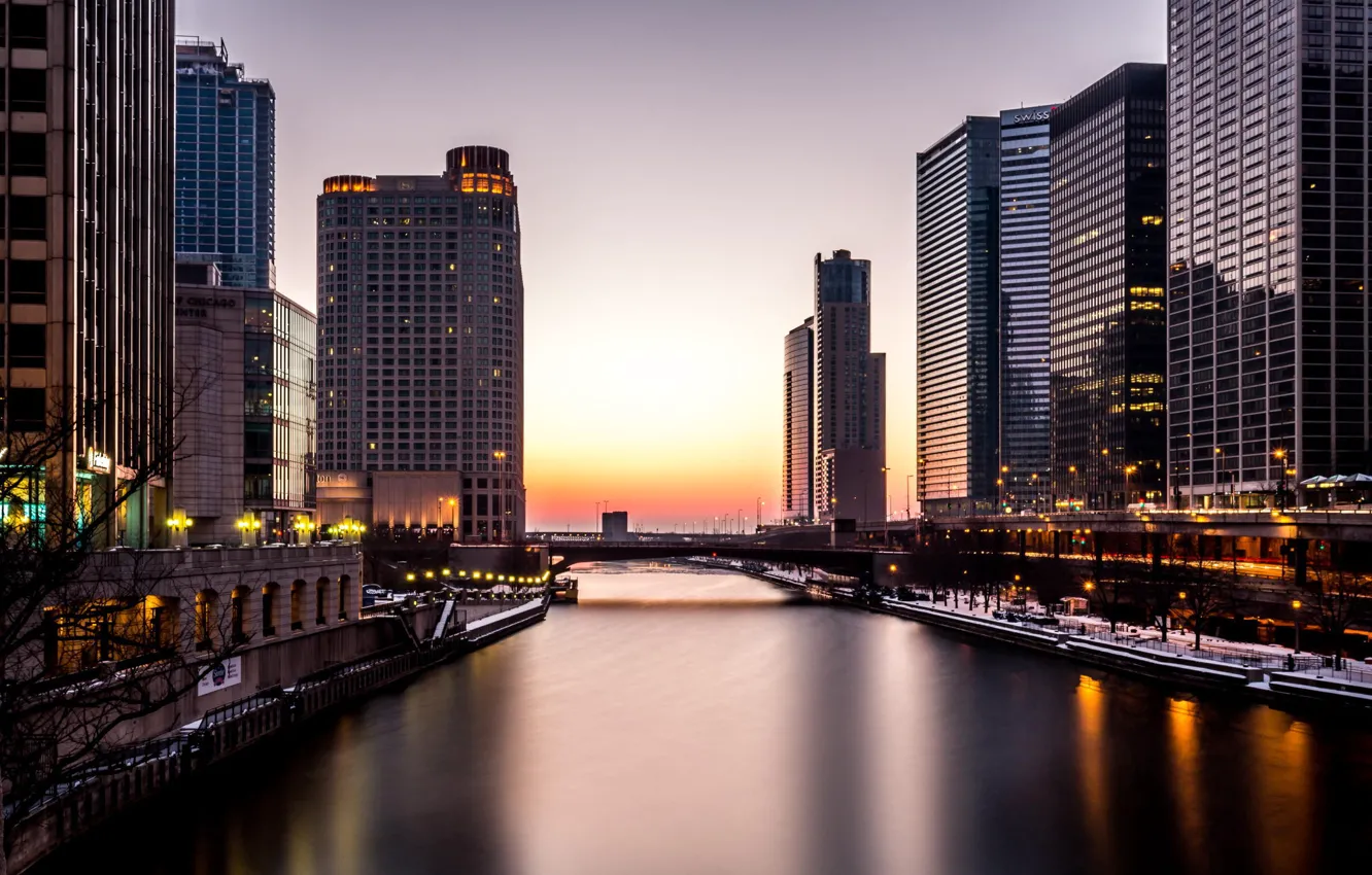 Photo wallpaper The evening, Lights, River, Chicago, Skyscrapers, Building, America, Il