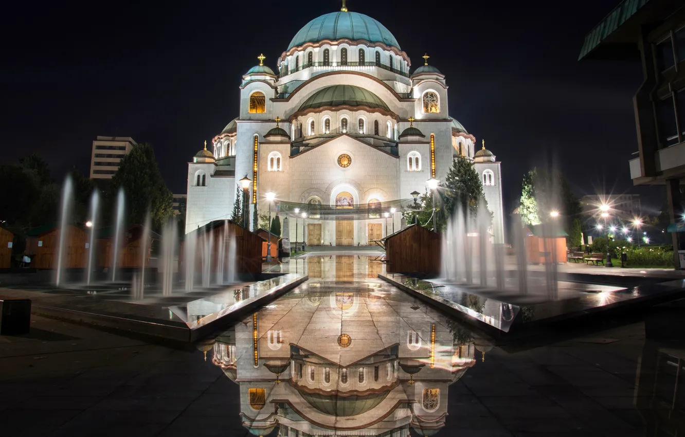 Photo wallpaper trees, night, the city, lights, reflection, home, lights, Church