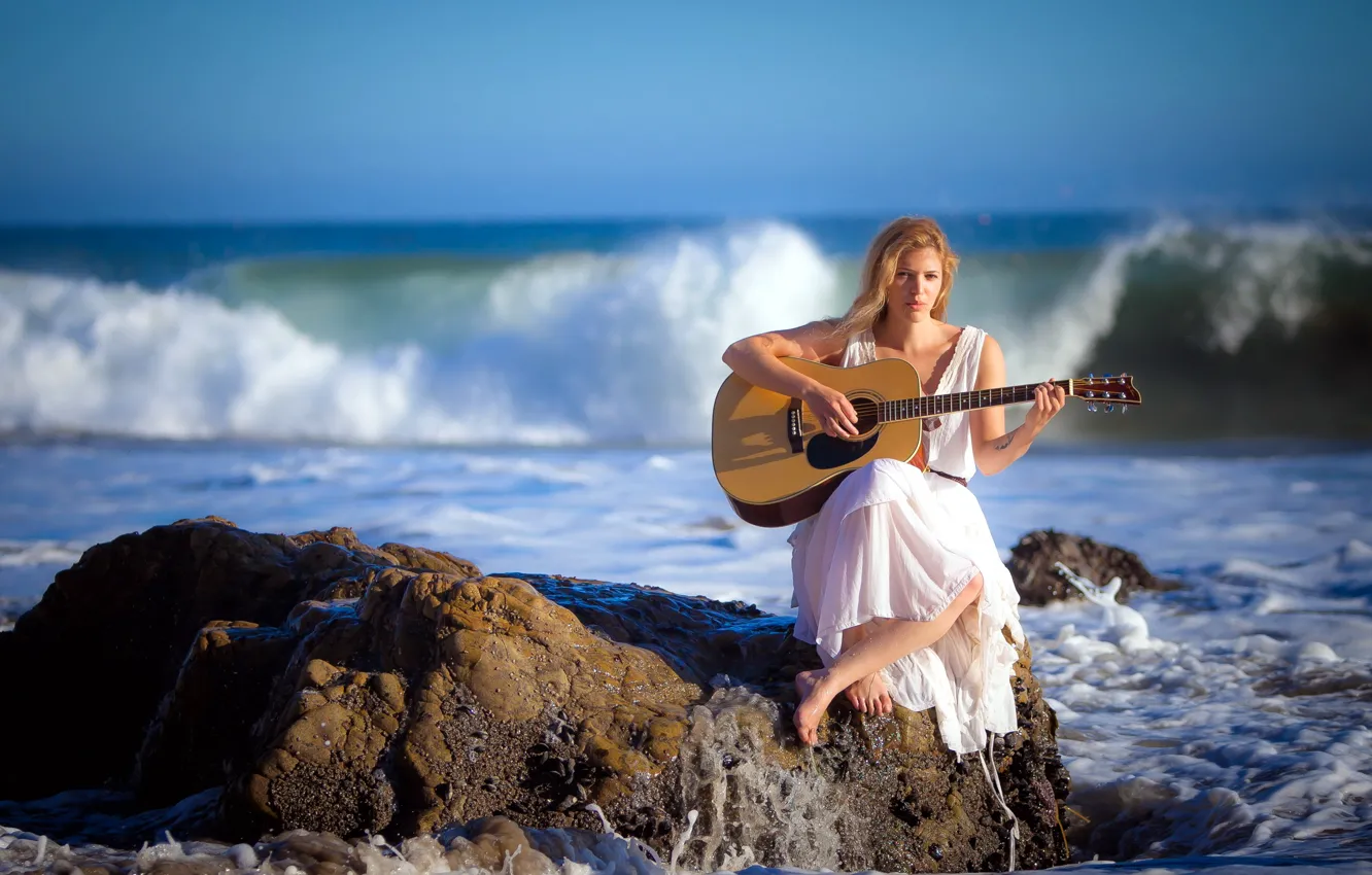 Photo wallpaper sea, girl, music, guitar