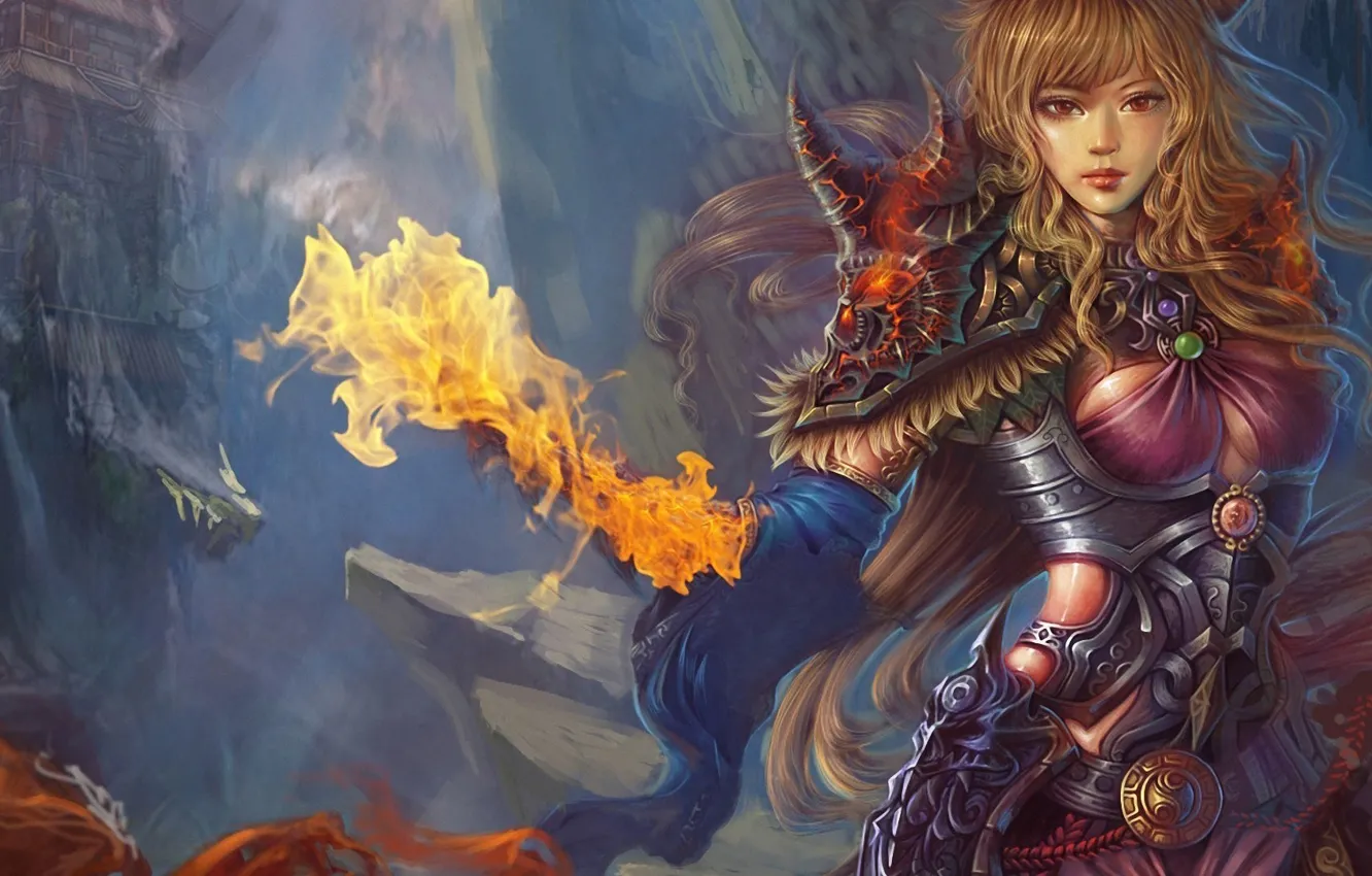 Photo wallpaper flame, Girl, armor, gorge, fortress