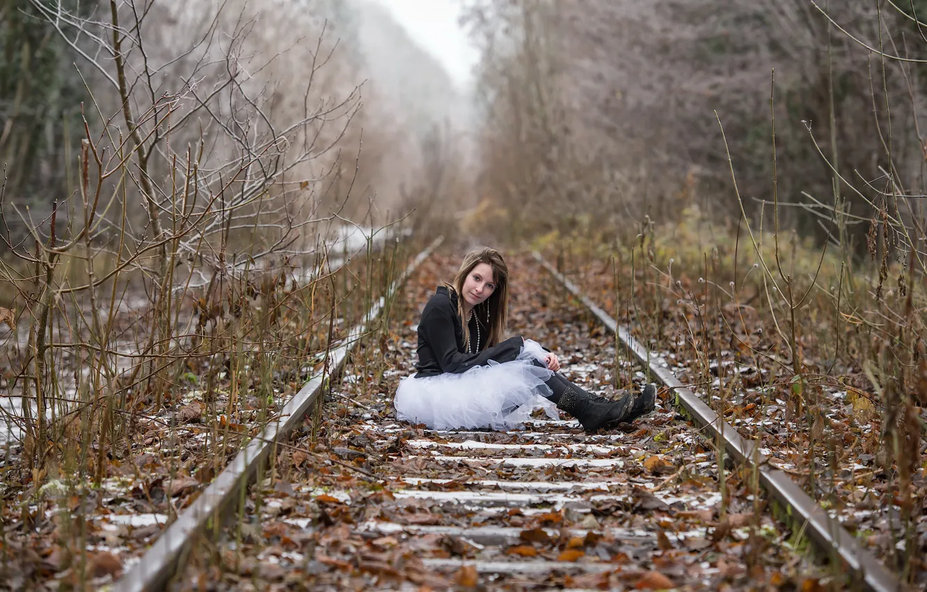 Photo wallpaper forest, girl, railroad