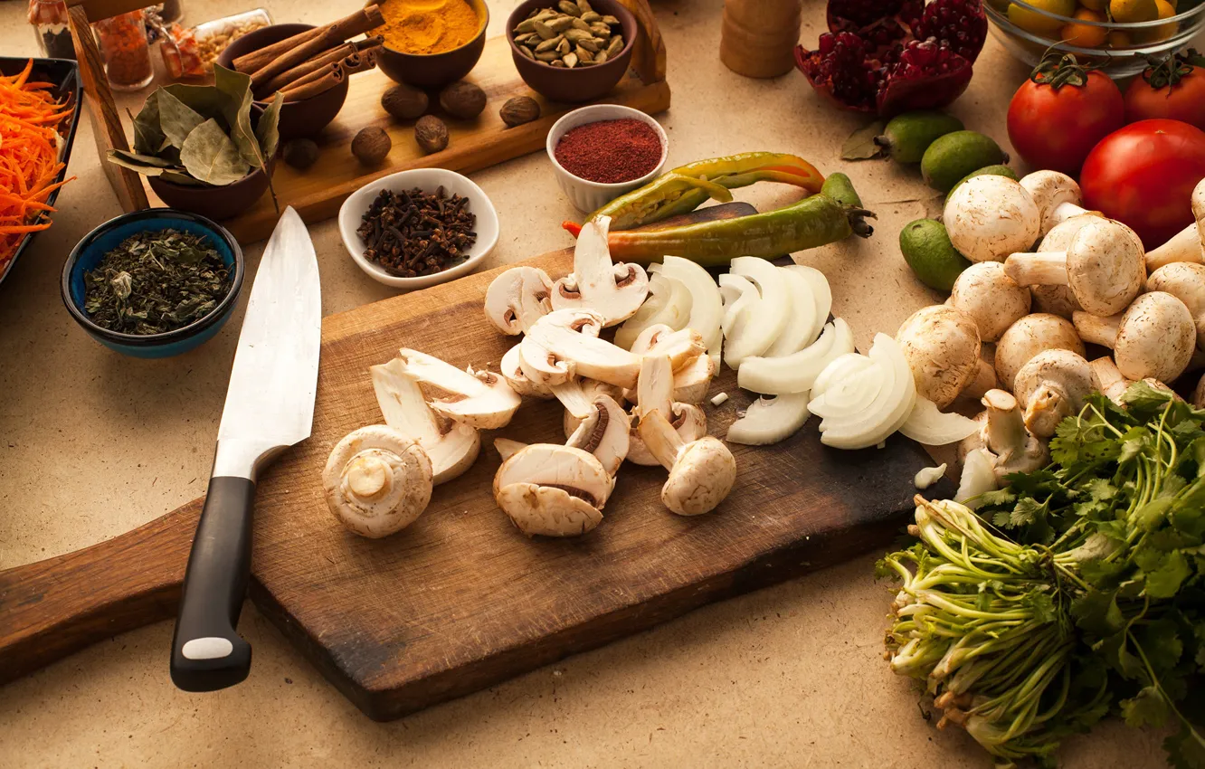 Photo wallpaper mushrooms, knife, tomatoes, spices