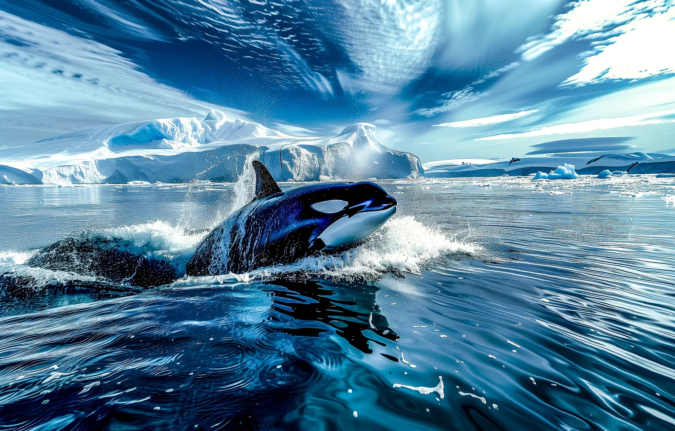 Photo wallpaper ice, winter, sea, snow, kit, orca, AI art, neural network