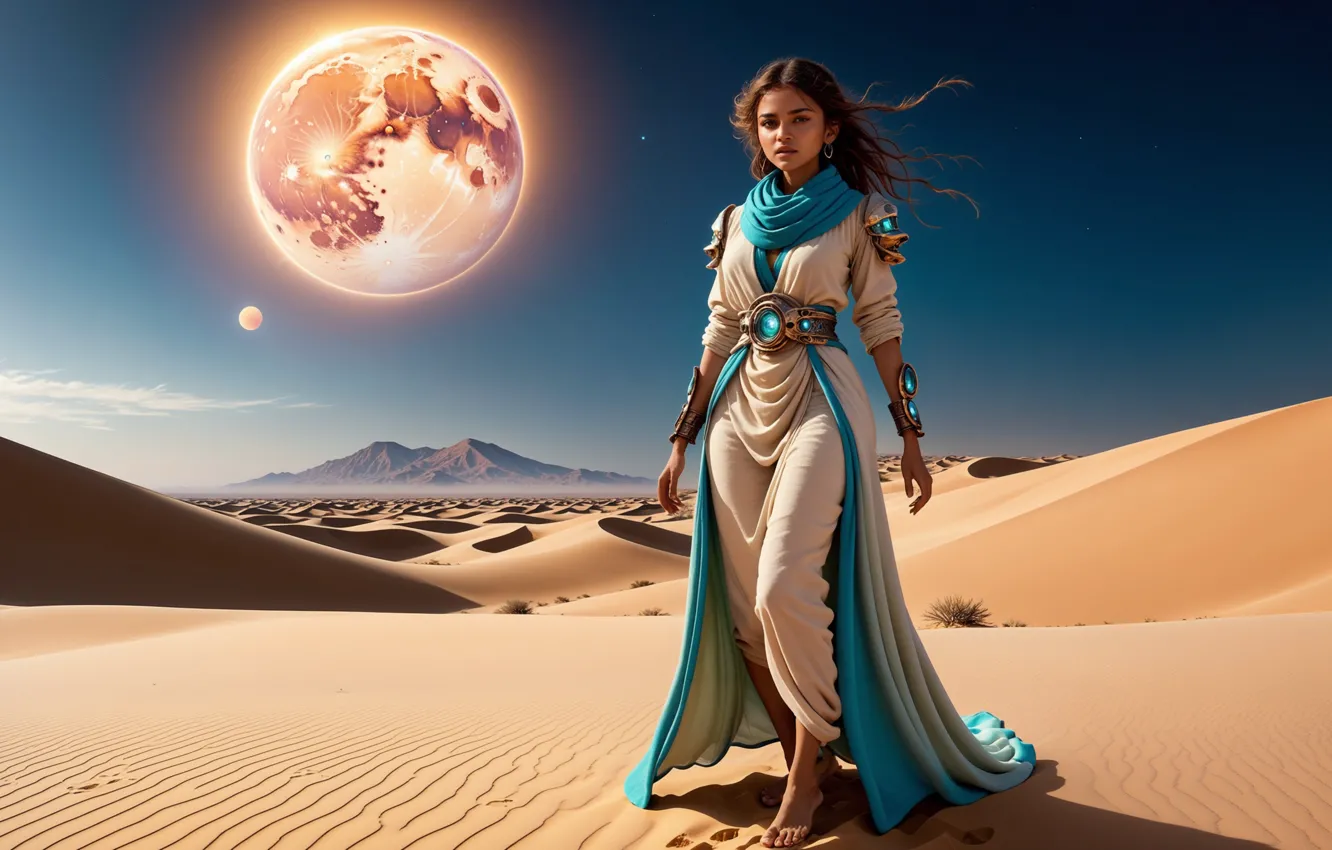 Photo wallpaper the sky, the sun, space, desert, planet, horizon, space, Other Worlds