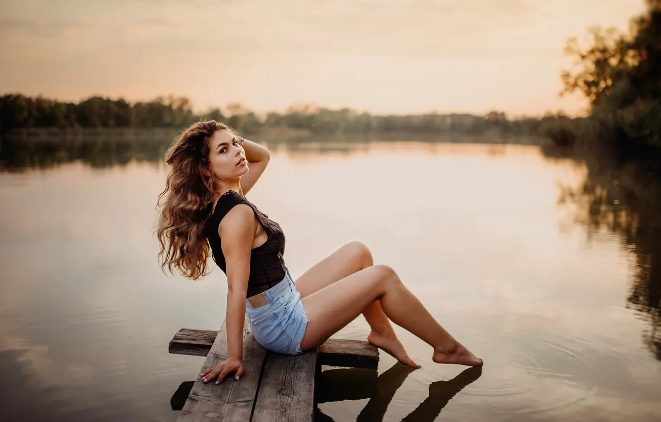 Photo wallpaper water, girl, nature, pose, river, hair, shorts, legs