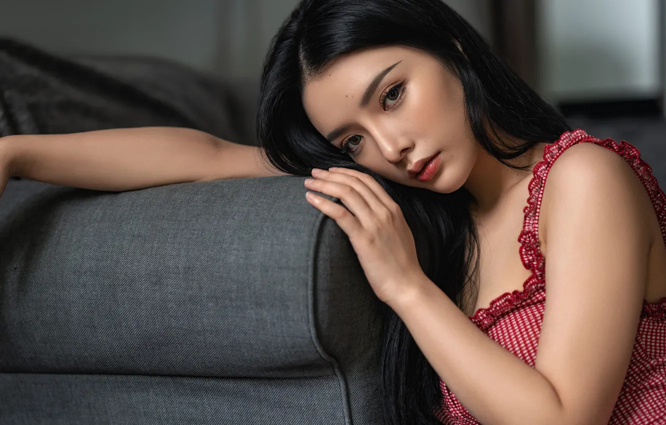 Photo wallpaper look, girl, pose, dress, brunette, Asian, strap, armrests