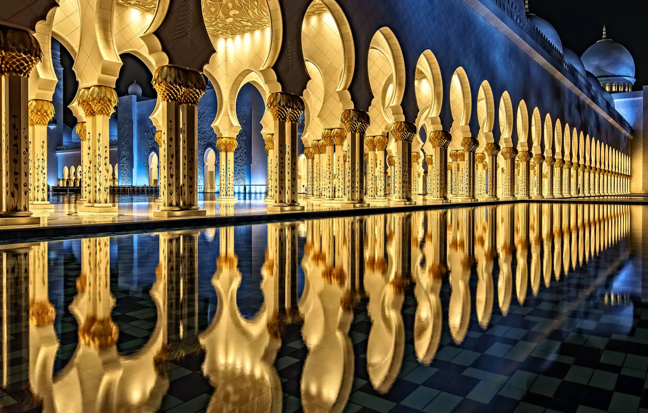 Photo wallpaper reflection, pool, architecture, The Sheikh Zayed Grand mosque, Abu Dhabi