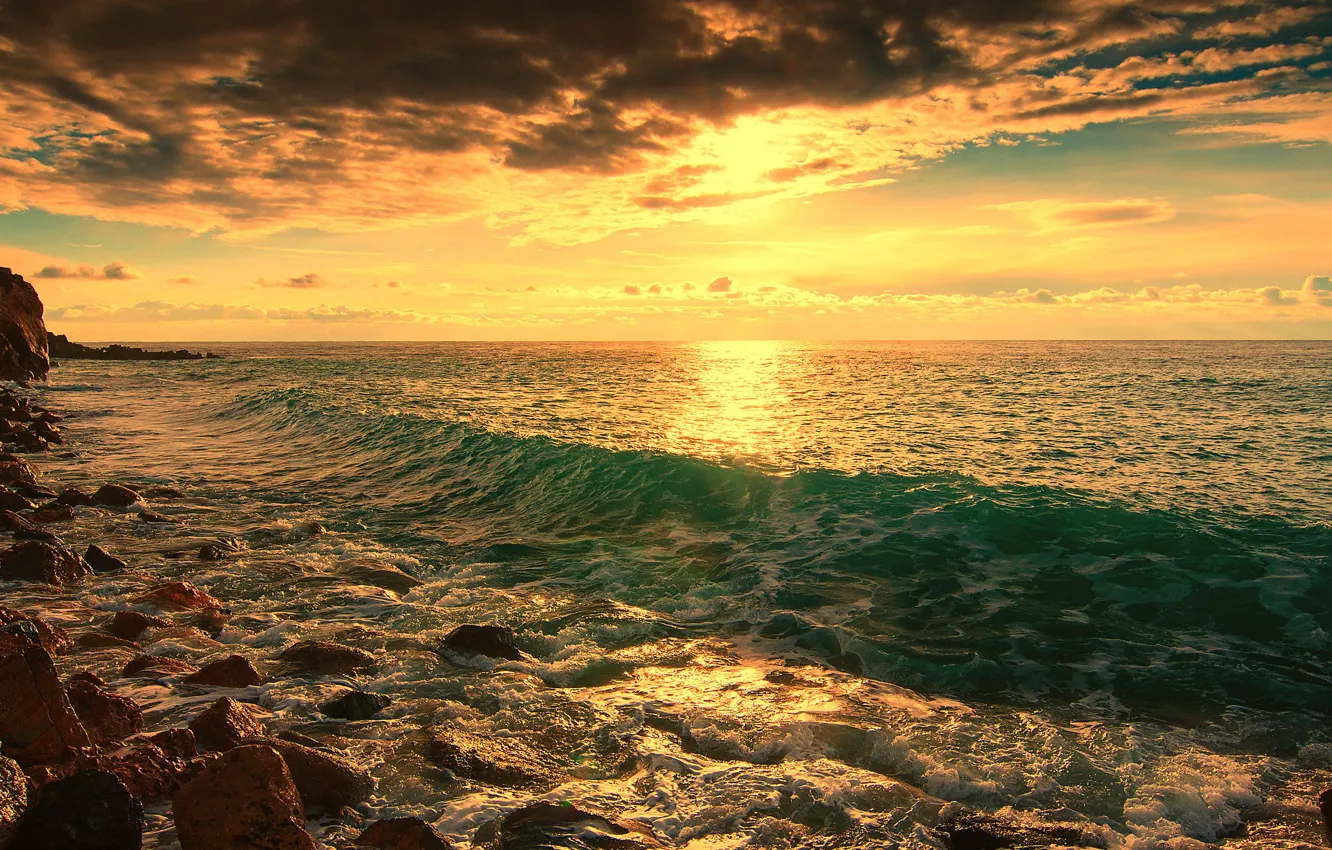 Photo wallpaper sea, wave, stones, shore