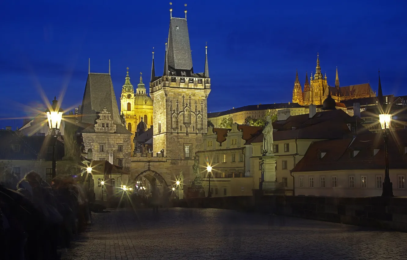 Photo wallpaper night, lights, tower, Prague, Czech Republic, Cathedral